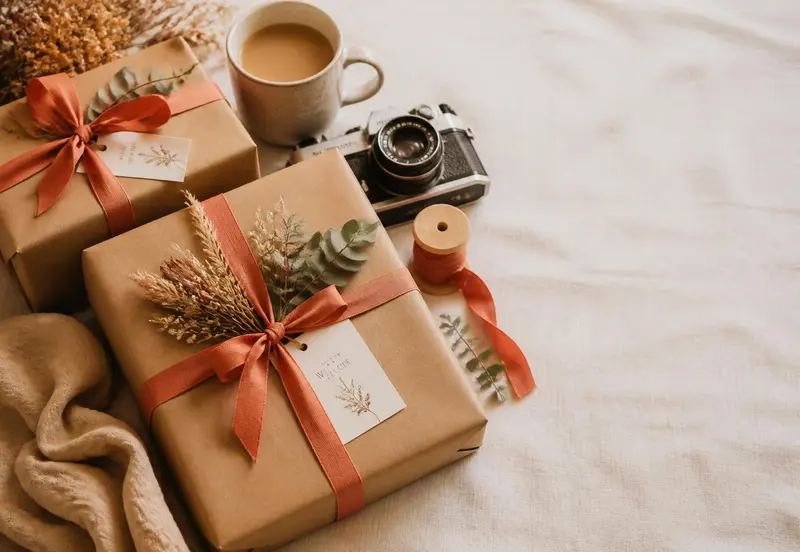 Gifts wrapped in kraft paper with terracotta ribbon on a linen surface